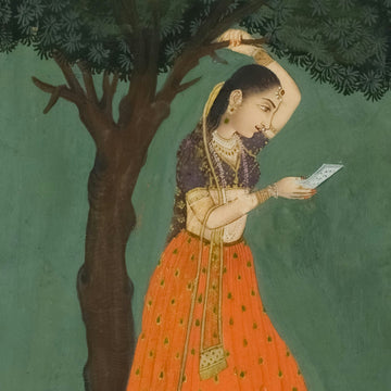 Traditional painting of a woman in an orange and purple dress holding a card under a tree.